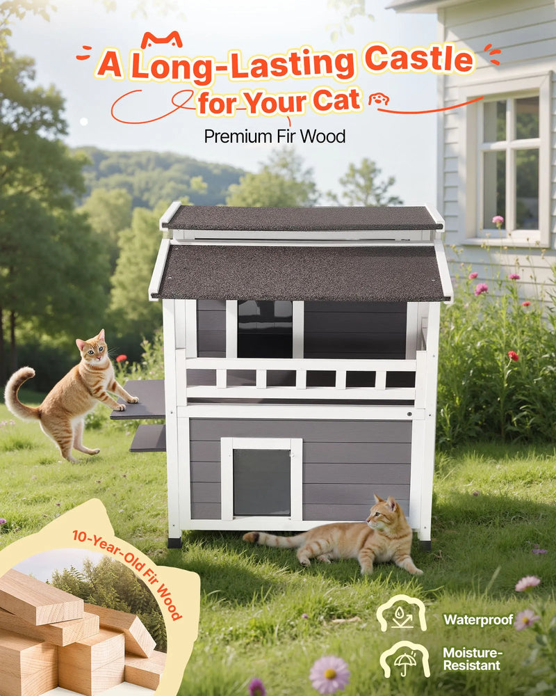 VEVOR izolētā divstāvu koka kaķu māja ar putuplasta izolāciju, balkonu un ūdensizturīgu konstrukciju, piemērota 1–3 kaķiem lietošanai iekštelpās un ārā, 84 × 75 × 82 cm
