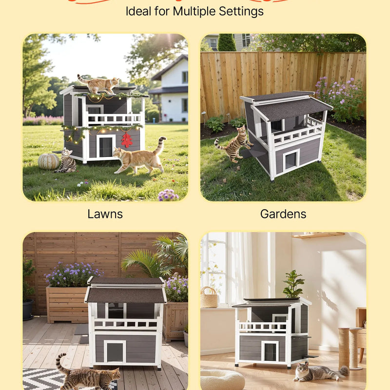 VEVOR izolētā divstāvu koka kaķu māja ar putuplasta izolāciju, balkonu un ūdensizturīgu konstrukciju, piemērota 1–3 kaķiem lietošanai iekštelpās un ārā, 84 × 75 × 82 cm