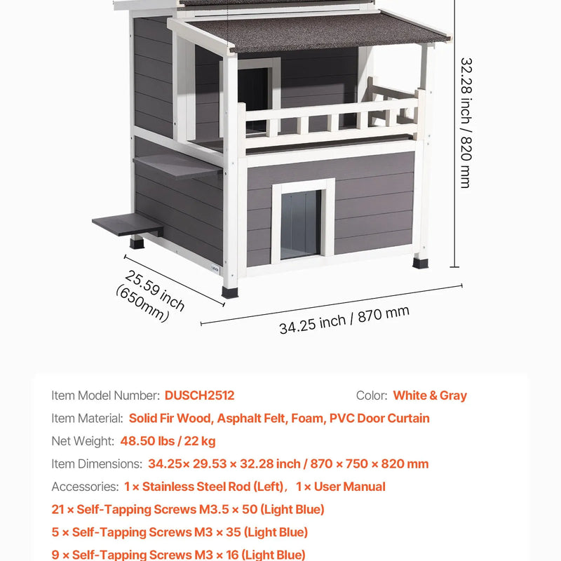 VEVOR izolētā divstāvu koka kaķu māja ar putuplasta izolāciju, balkonu un ūdensizturīgu konstrukciju, piemērota 1–3 kaķiem lietošanai iekštelpās un ārā, 84 × 75 × 82 cm