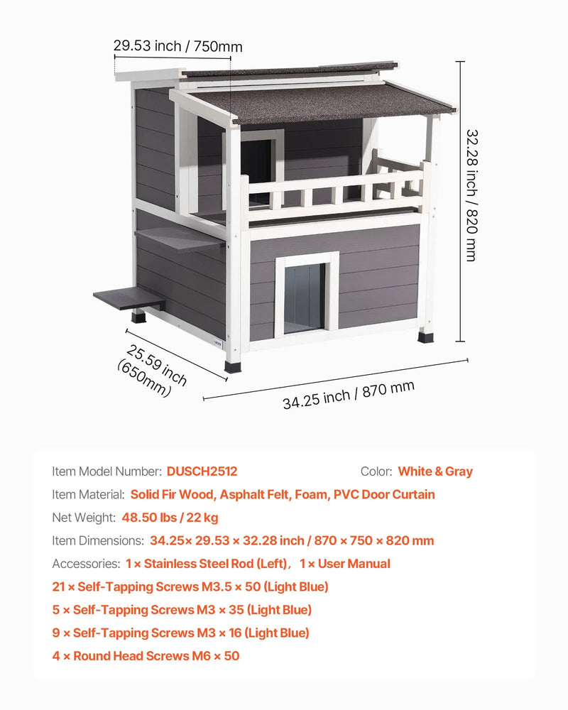 VEVOR izolētā divstāvu koka kaķu māja ar putuplasta izolāciju, balkonu un ūdensizturīgu konstrukciju, piemērota 1–3 kaķiem lietošanai iekštelpās un ārā, 84 × 75 × 82 cm