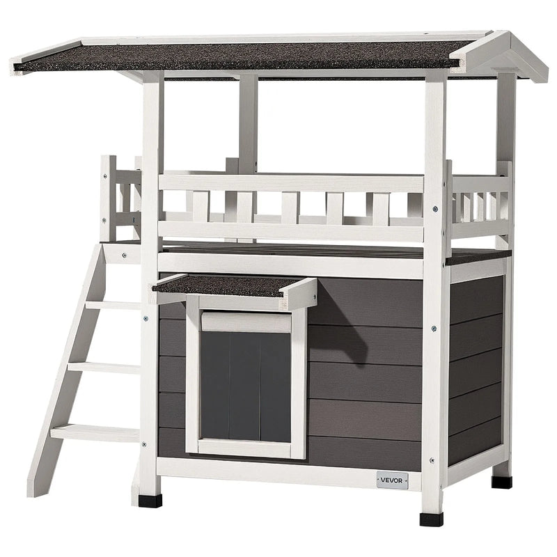 VEVOR divstāvu koka āra kaķu māja ar kāpnēm un balkonu, paaugstināta konstrukcija, plaša un ūdensizturīga kaķu māja lietošanai iekštelpās un ārā ziemā, 76 × 56 × 77 cm