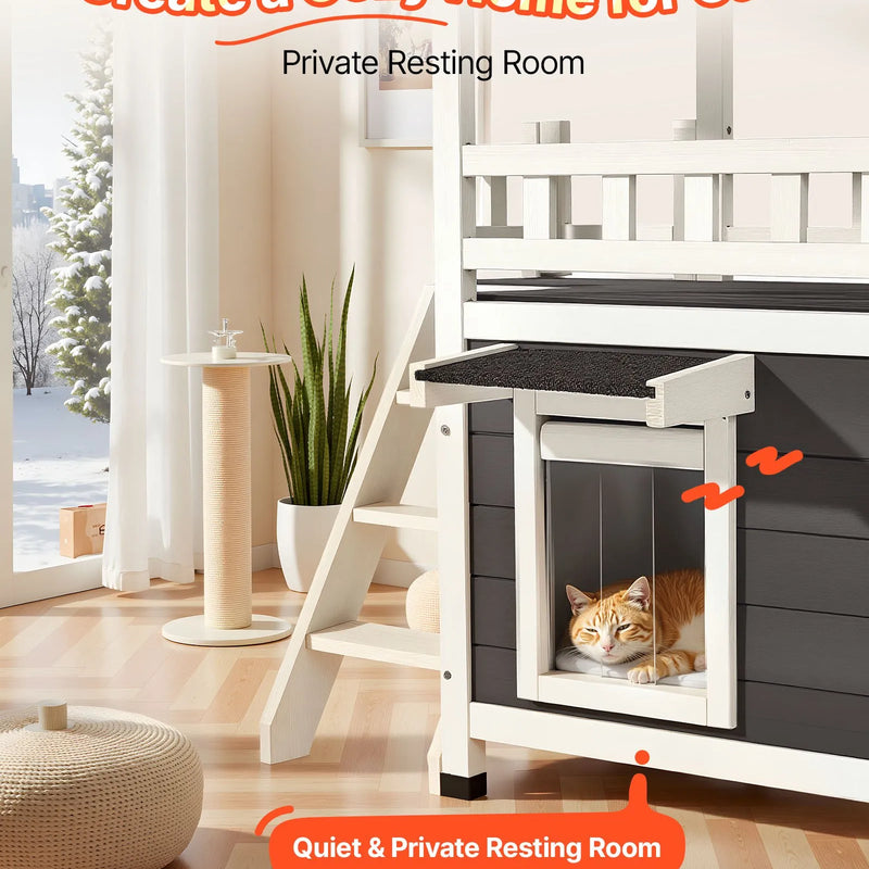 VEVOR divstāvu koka āra kaķu māja ar kāpnēm un balkonu, paaugstināta konstrukcija, plaša un ūdensizturīga kaķu māja lietošanai iekštelpās un ārā ziemā, 76 × 56 × 77 cm