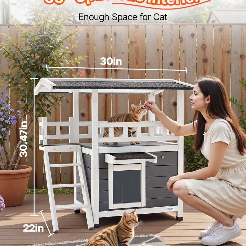 VEVOR divstāvu koka āra kaķu māja ar kāpnēm un balkonu, paaugstināta konstrukcija, plaša un ūdensizturīga kaķu māja lietošanai iekštelpās un ārā ziemā, 76 × 56 × 77 cm
