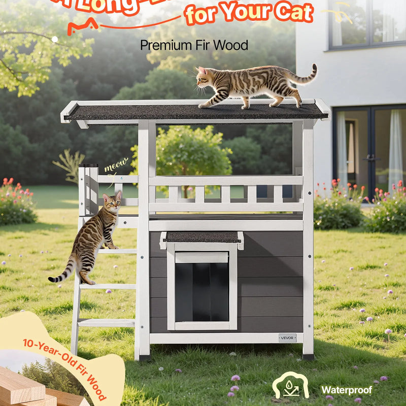 VEVOR divstāvu koka āra kaķu māja ar kāpnēm un balkonu, paaugstināta konstrukcija, plaša un ūdensizturīga kaķu māja lietošanai iekštelpās un ārā ziemā, 76 × 56 × 77 cm