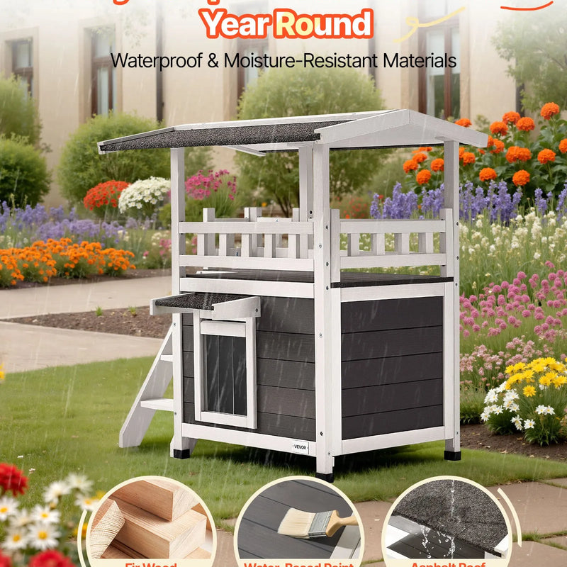 VEVOR divstāvu koka āra kaķu māja ar kāpnēm un balkonu, paaugstināta konstrukcija, plaša un ūdensizturīga kaķu māja lietošanai iekštelpās un ārā ziemā, 76 × 56 × 77 cm