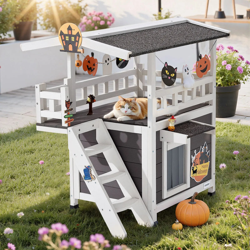 VEVOR divstāvu koka āra kaķu māja ar kāpnēm un balkonu, paaugstināta konstrukcija, plaša un ūdensizturīga kaķu māja lietošanai iekštelpās un ārā ziemā, 76 × 56 × 77 cm