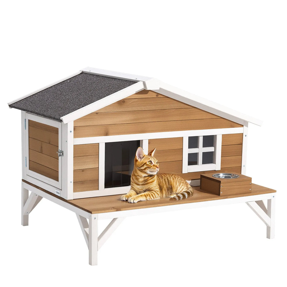 VEVOR Insulated Elevated Wooden Cat House with Foam Insulation and Platform, 3–5 Cats, 110 × 85 × 78 cm