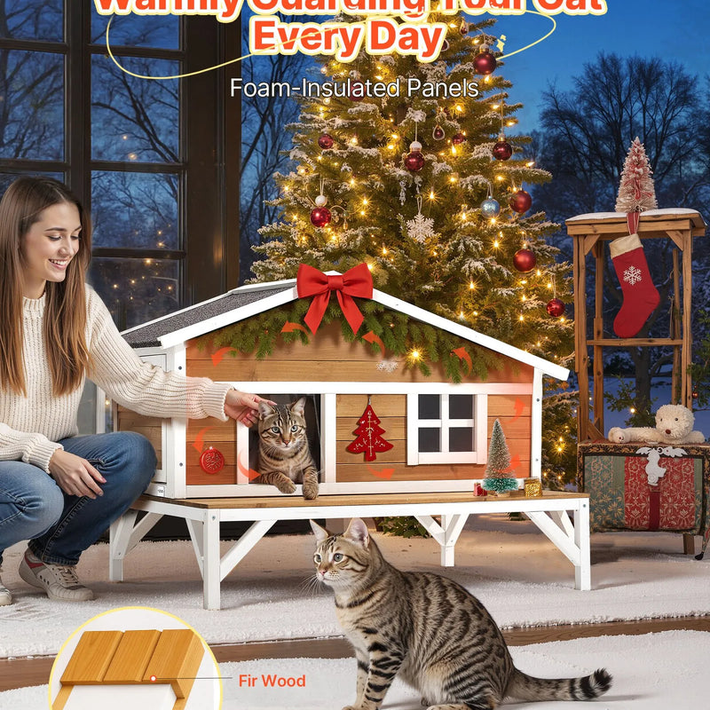 VEVOR izolētā paaugstinātā koka kaķu māja ar pilnu putuplasta izolāciju, lielu platformu un ūdensizturīgu konstrukciju lietošanai iekštelpās un ārā ziemā, 110 × 85 × 78 cm