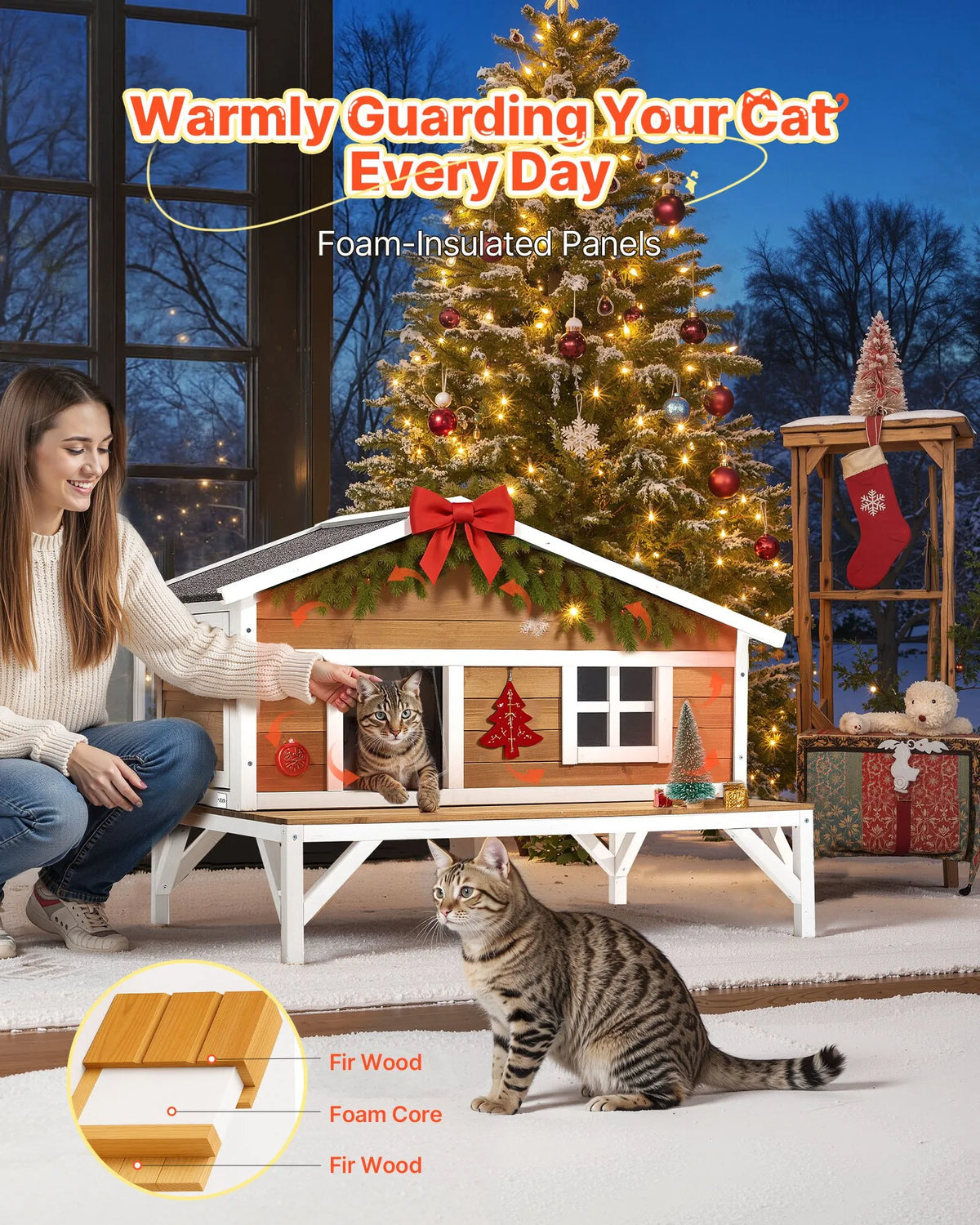 VEVOR Insulated Elevated Wooden Cat House with Foam Insulation and Platform, 3–5 Cats, 110 × 85 × 78 cm