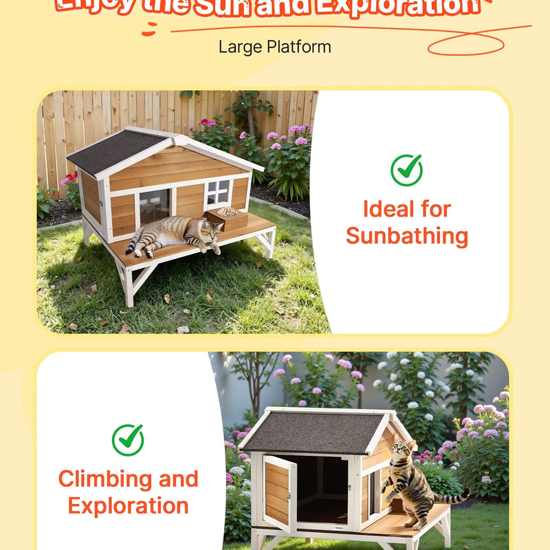 VEVOR izolētā paaugstinātā koka kaķu māja ar pilnu putuplasta izolāciju, lielu platformu un ūdensizturīgu konstrukciju lietošanai iekštelpās un ārā ziemā, 110 × 85 × 78 cm