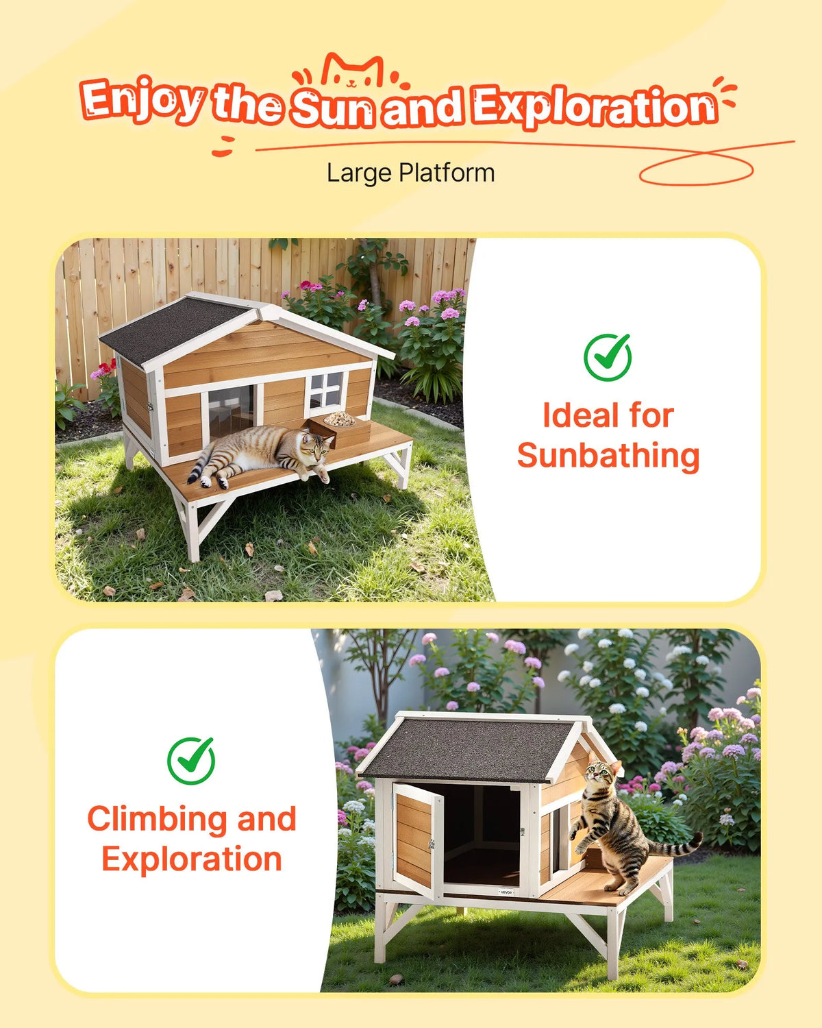 VEVOR Insulated Elevated Wooden Cat House with Foam Insulation and Platform, 3–5 Cats, 110 × 85 × 78 cm