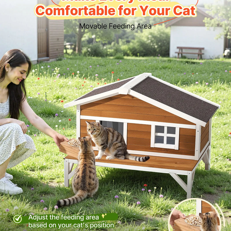 VEVOR izolētā paaugstinātā koka kaķu māja ar pilnu putuplasta izolāciju, lielu platformu un ūdensizturīgu konstrukciju lietošanai iekštelpās un ārā ziemā, 110 × 85 × 78 cm