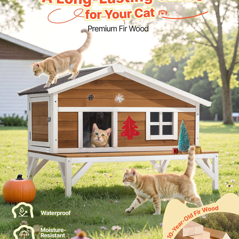 VEVOR izolētā paaugstinātā koka kaķu māja ar pilnu putuplasta izolāciju, lielu platformu un ūdensizturīgu konstrukciju lietošanai iekštelpās un ārā ziemā, 110 × 85 × 78 cm