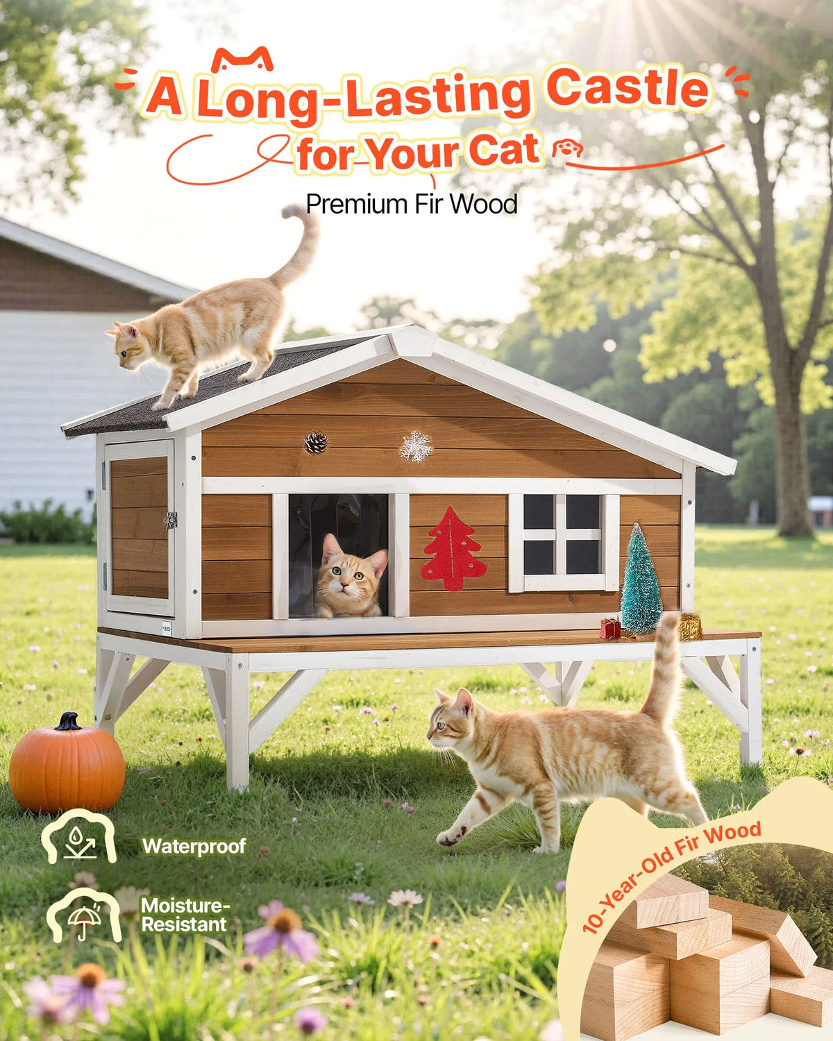 VEVOR Insulated Elevated Wooden Cat House with Foam Insulation and Platform, 3–5 Cats, 110 × 85 × 78 cm