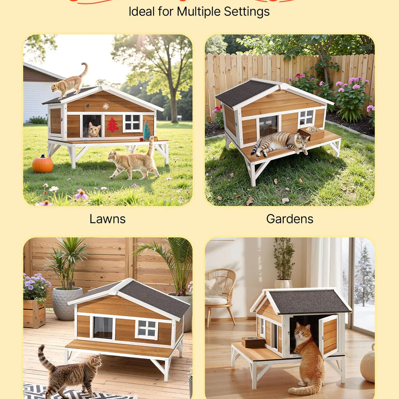 VEVOR izolētā paaugstinātā koka kaķu māja ar pilnu putuplasta izolāciju, lielu platformu un ūdensizturīgu konstrukciju lietošanai iekštelpās un ārā ziemā, 110 × 85 × 78 cm