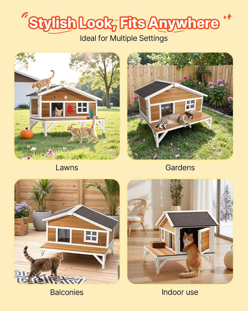 VEVOR izolētā paaugstinātā koka kaķu māja ar pilnu putuplasta izolāciju, lielu platformu un ūdensizturīgu konstrukciju lietošanai iekštelpās un ārā ziemā, 110 × 85 × 78 cm
