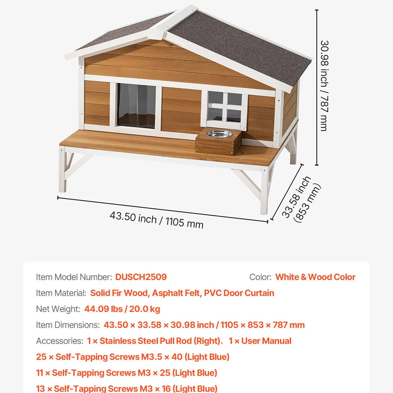 VEVOR izolētā paaugstinātā koka kaķu māja ar pilnu putuplasta izolāciju, lielu platformu un ūdensizturīgu konstrukciju lietošanai iekštelpās un ārā ziemā, 110 × 85 × 78 cm