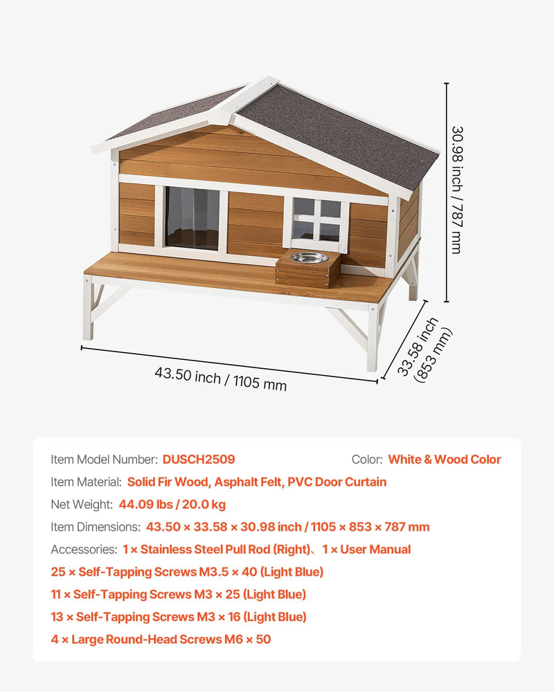 VEVOR izolētā paaugstinātā koka kaķu māja ar pilnu putuplasta izolāciju, lielu platformu un ūdensizturīgu konstrukciju lietošanai iekštelpās un ārā ziemā, 110 × 85 × 78 cm
