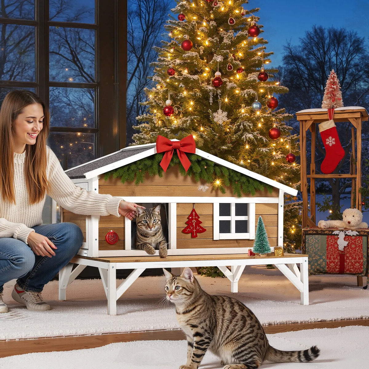 VEVOR Insulated Elevated Wooden Cat House with Foam Insulation and Platform, 3–5 Cats, 110 × 85 × 78 cm