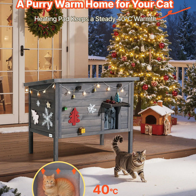 VEVOR apsildāma kaķu māja, izolēta koka māja āra kaķiem, ūdensizturīgs patvērums ar sildīšanas paliktni, PVC durvju aizkaru un atveramu bitumena jumtu, 87 x 53,5 x 69 cm, piemērota 1–3 kaķiem ziemā