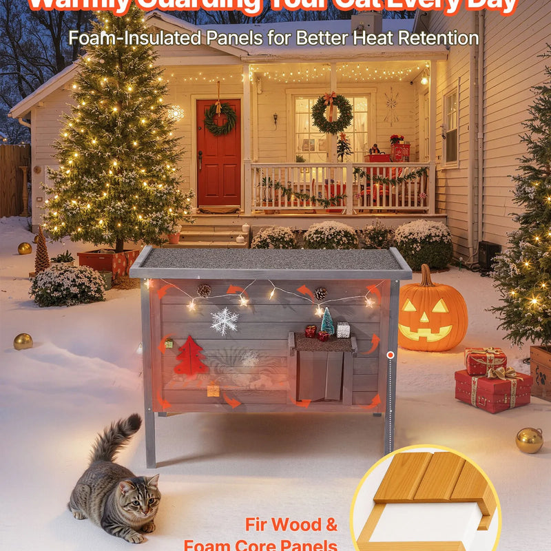 VEVOR apsildāma kaķu māja, izolēta koka māja āra kaķiem, ūdensizturīgs patvērums ar sildīšanas paliktni, PVC durvju aizkaru un atveramu bitumena jumtu, 87 x 53,5 x 69 cm, piemērota 1–3 kaķiem ziemā