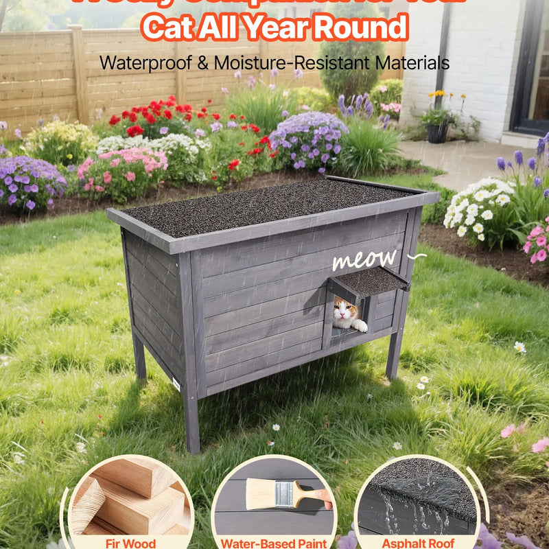 VEVOR apsildāma kaķu māja, izolēta koka māja āra kaķiem, ūdensizturīgs patvērums ar sildīšanas paliktni, PVC durvju aizkaru un atveramu bitumena jumtu, 87 x 53,5 x 69 cm, piemērota 1–3 kaķiem ziemā