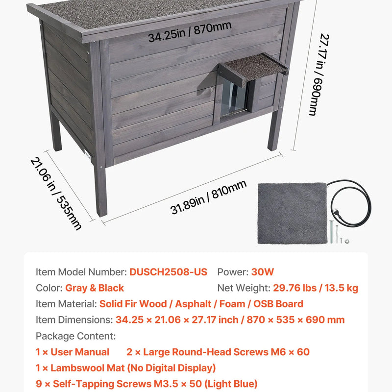 VEVOR apsildāma kaķu māja, izolēta koka māja āra kaķiem, ūdensizturīgs patvērums ar sildīšanas paliktni, PVC durvju aizkaru un atveramu bitumena jumtu, 87 x 53,5 x 69 cm, piemērota 1–3 kaķiem ziemā