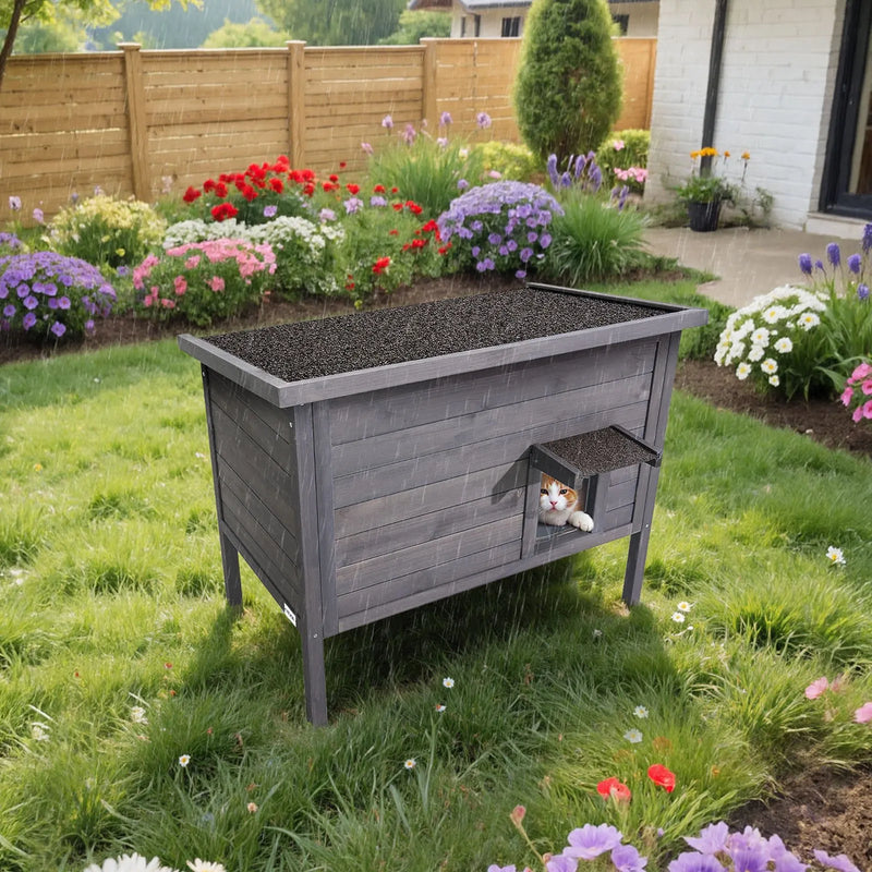 VEVOR apsildāma kaķu māja, izolēta koka māja āra kaķiem, ūdensizturīgs patvērums ar sildīšanas paliktni, PVC durvju aizkaru un atveramu bitumena jumtu, 87 x 53,5 x 69 cm, piemērota 1–3 kaķiem ziemā