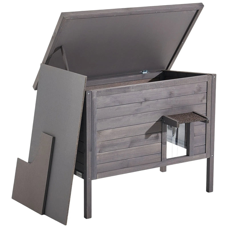 VEVOR apsildāma kaķu māja, izolēta koka māja āra kaķiem, ūdensizturīgs patvērums ar sildīšanas paliktni, PVC durvju aizkaru un atveramu bitumena jumtu, 87 x 53,5 x 69 cm, piemērota 1–3 kaķiem ziemā