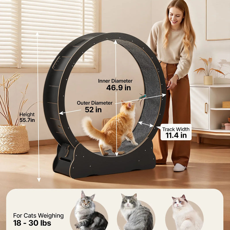 VEVOR kaķu skriešanas ritenis, 132 cm koka trenažieris telpām kaķēniem un kaķiem līdz 12,7 kg, kaķu skrejceļš ar paklājotu skriešanas virsmu un bloķēšanas mehānismu, kluss fitnesa un veselības rotaļlieta, melns.