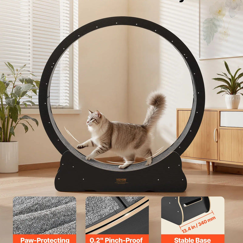VEVOR kaķu skriešanas ritenis, 132 cm koka trenažieris telpām kaķēniem un kaķiem līdz 12,7 kg, kaķu skrejceļš ar paklājotu skriešanas virsmu un bloķēšanas mehānismu, kluss fitnesa un veselības rotaļlieta, melns.