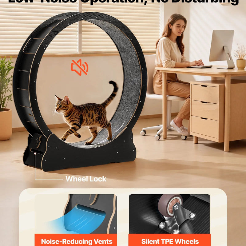 VEVOR kaķu skriešanas ritenis, 132 cm koka trenažieris telpām kaķēniem un kaķiem līdz 12,7 kg, kaķu skrejceļš ar paklājotu skriešanas virsmu un bloķēšanas mehānismu, kluss fitnesa un veselības rotaļlieta, melns.
