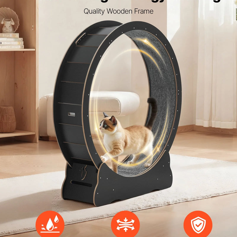 VEVOR kaķu skriešanas ritenis, 132 cm koka trenažieris telpām kaķēniem un kaķiem līdz 12,7 kg, kaķu skrejceļš ar paklājotu skriešanas virsmu un bloķēšanas mehānismu, kluss fitnesa un veselības rotaļlieta, melns.