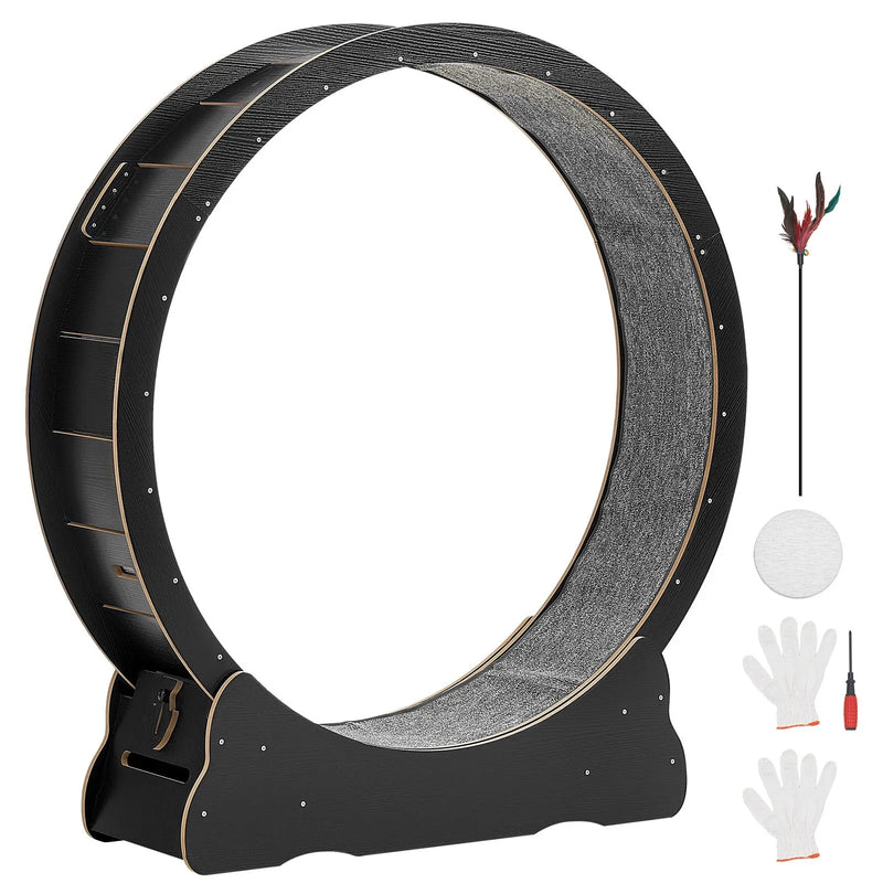 VEVOR kaķu skriešanas ritenis, 132 cm koka trenažieris telpām kaķēniem un kaķiem līdz 12,7 kg, kaķu skrejceļš ar paklājotu skriešanas virsmu un bloķēšanas mehānismu, kluss fitnesa un veselības rotaļlieta, melns.