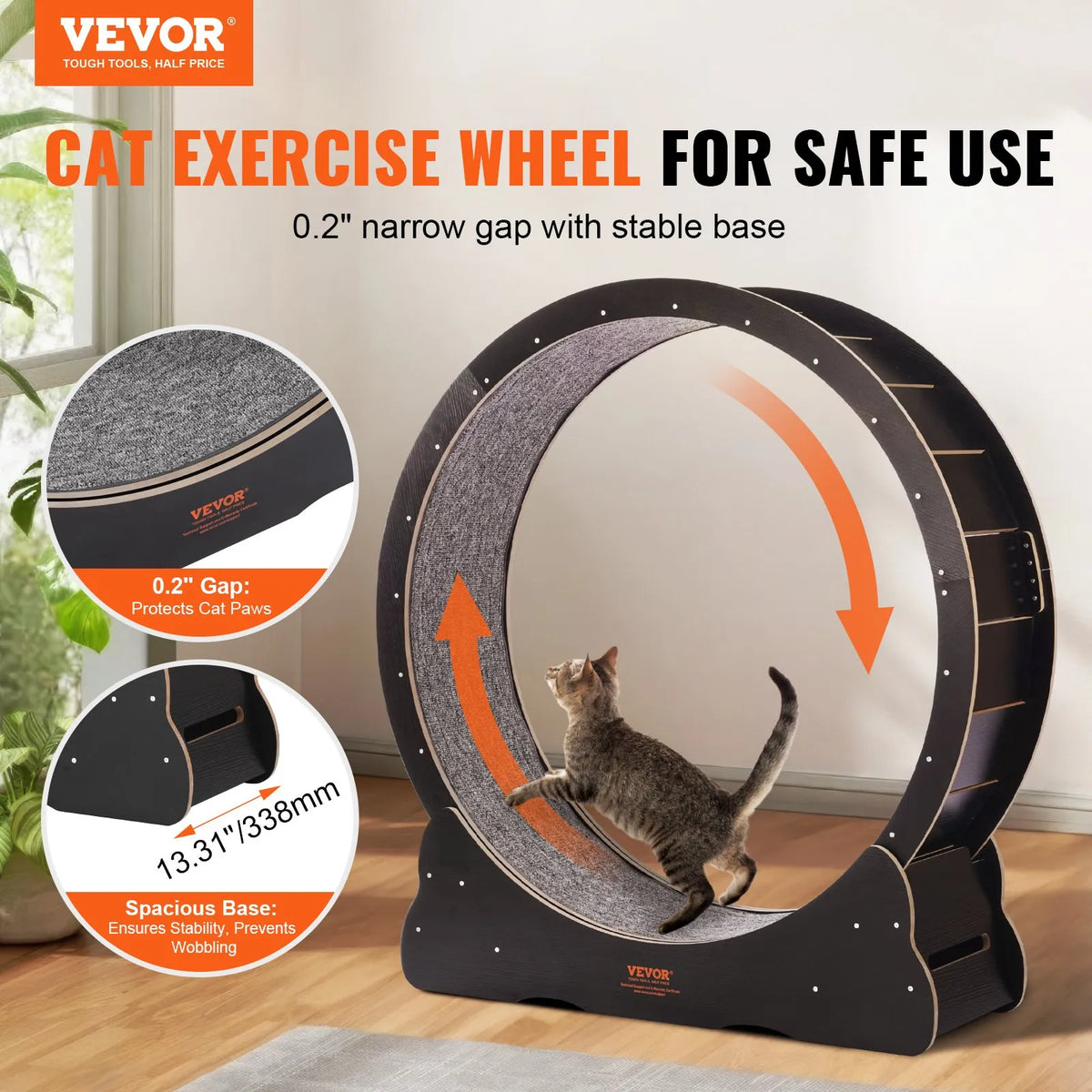 VEVOR Cat Exercise Wheel 110 cm, Wooden, with Removable Mat and Toy