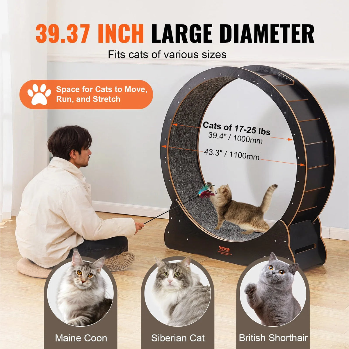 VEVOR Cat Exercise Wheel 110 cm, Wooden, with Removable Mat and Toy