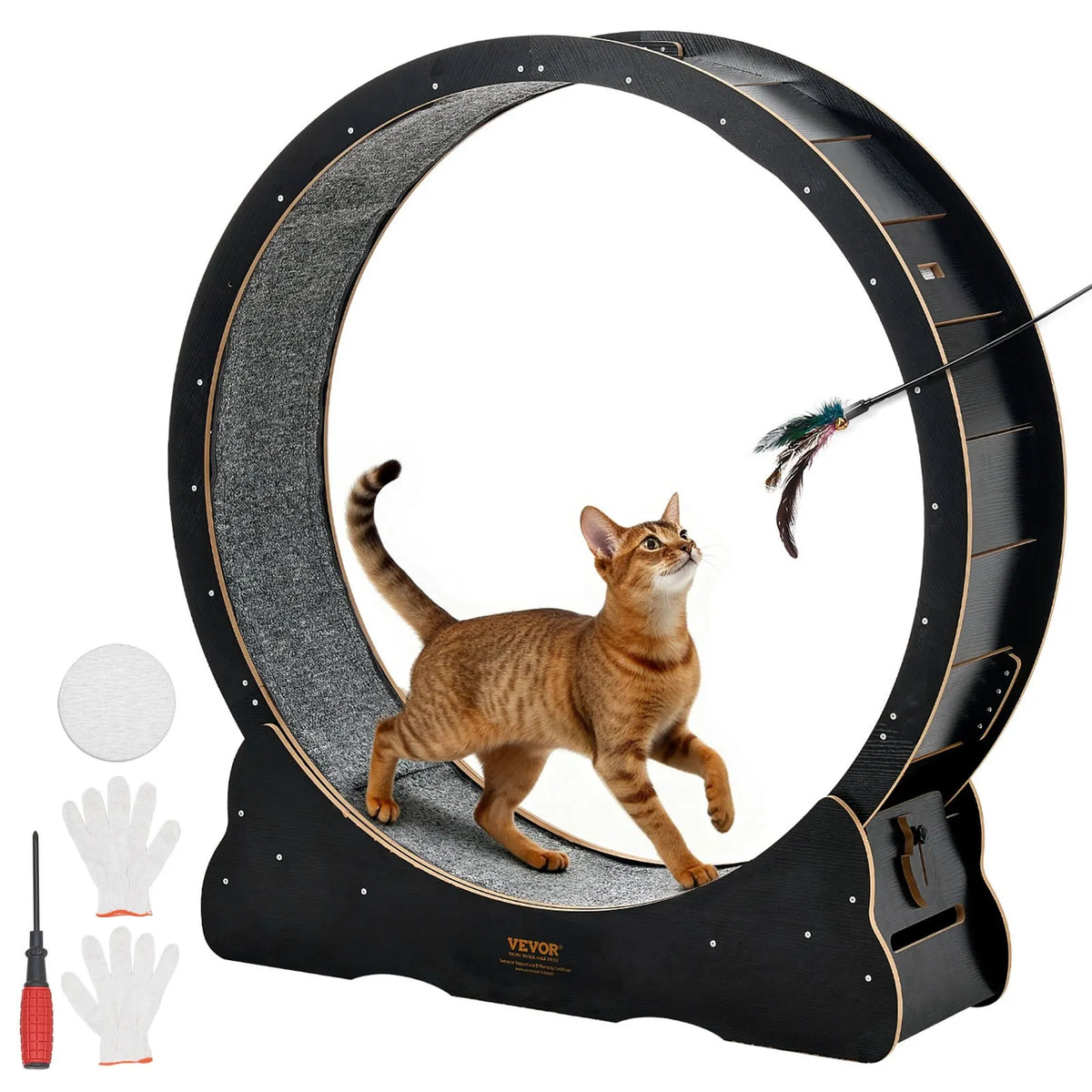 VEVOR Cat Exercise Wheel 120 cm, Wooden, with Mat and Locking Mechanism, for Cats up to 12.7 kg, Black