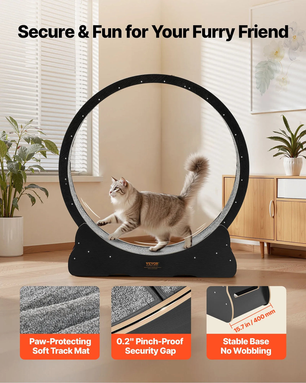 VEVOR Cat Exercise Wheel 120 cm, Wooden, with Mat and Locking Mechanism, for Cats up to 12.7 kg, Black