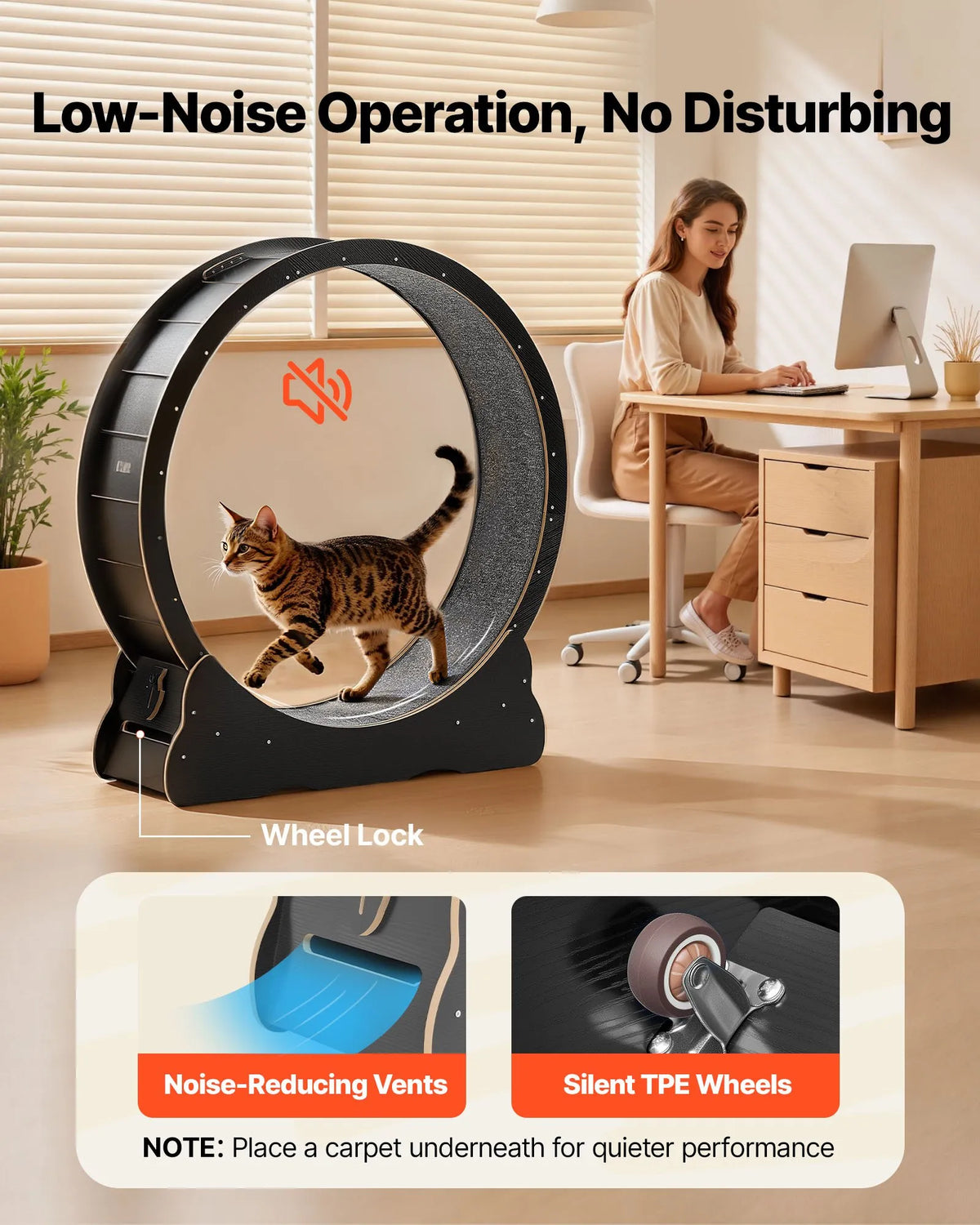 VEVOR Cat Exercise Wheel 120 cm, Wooden, with Mat and Locking Mechanism, for Cats up to 12.7 kg, Black