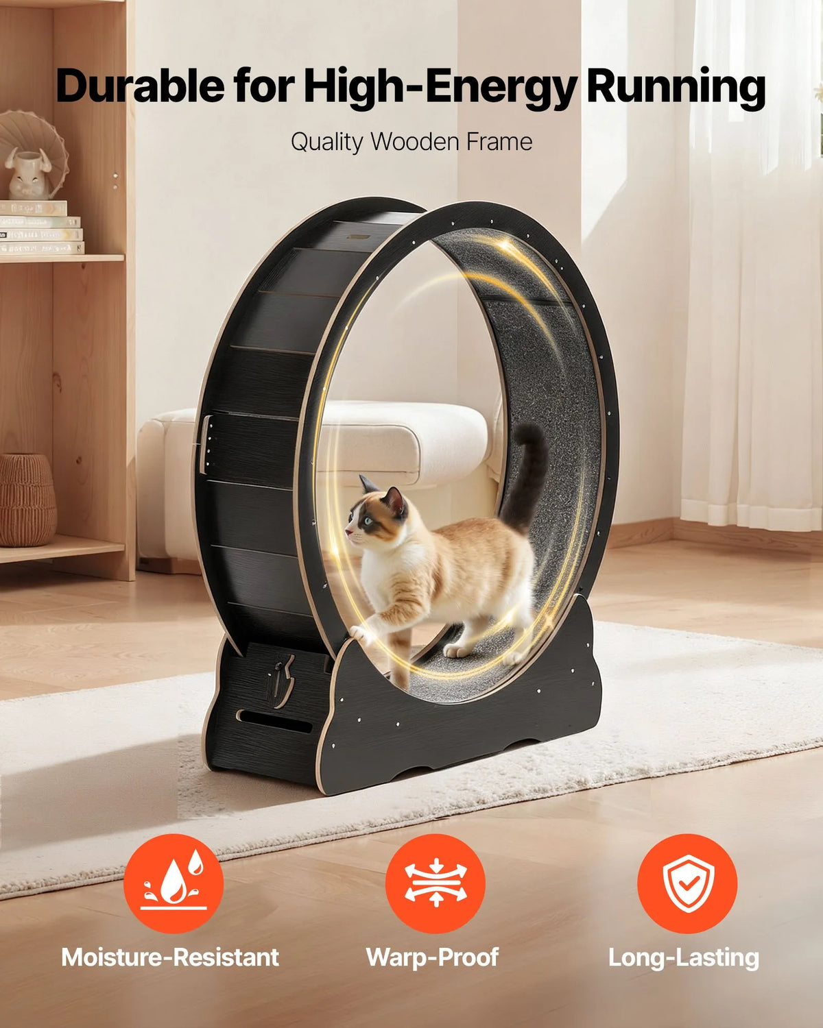 VEVOR Cat Exercise Wheel 120 cm, Wooden, with Mat and Locking Mechanism, for Cats up to 12.7 kg, Black
