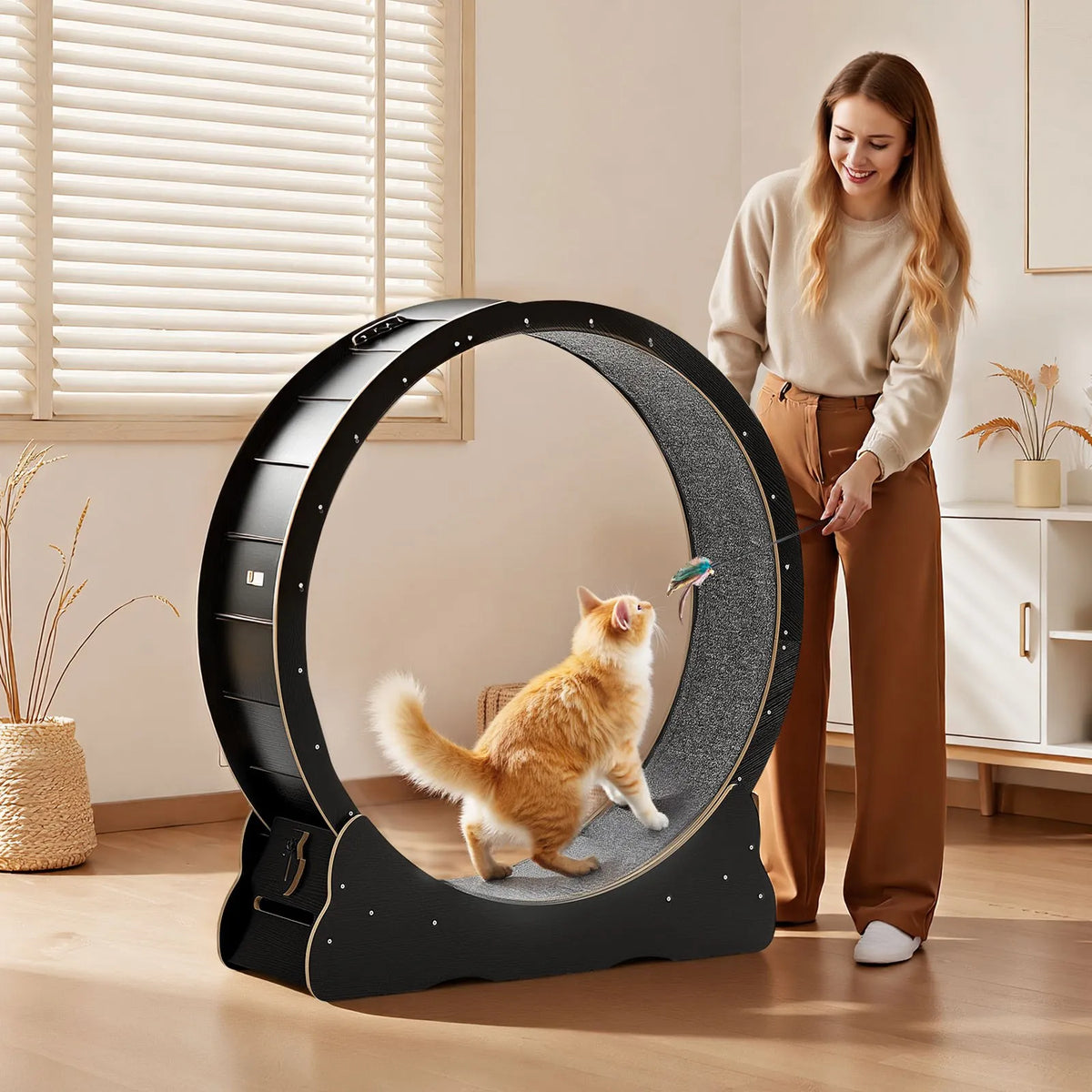 VEVOR Cat Exercise Wheel 120 cm, Wooden, with Mat and Locking Mechanism, for Cats up to 12.7 kg, Black
