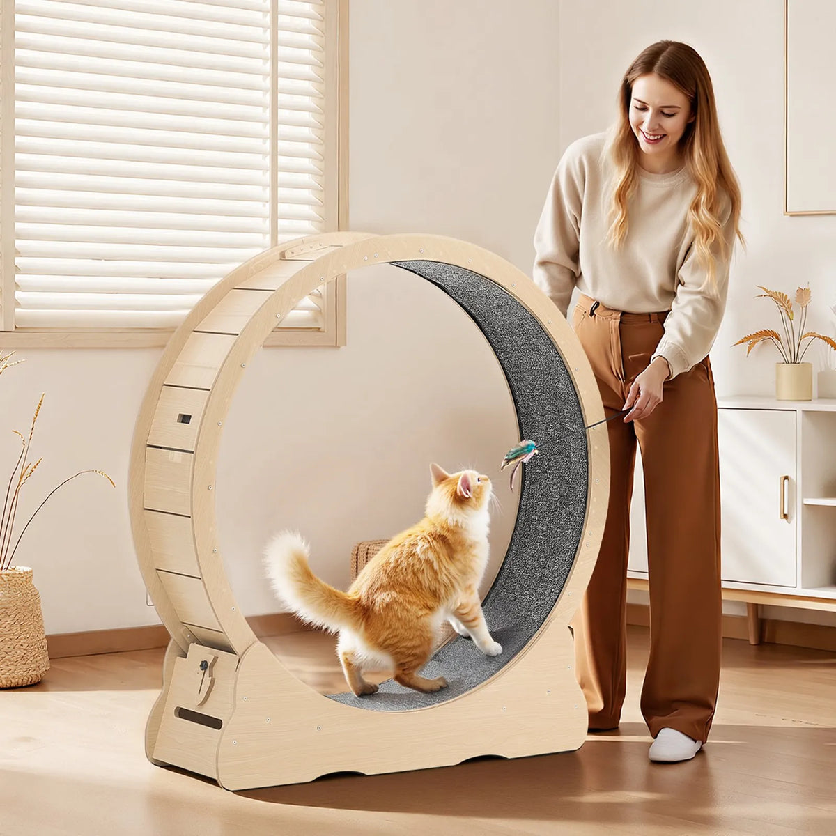 VEVOR kaķu skriešanas ritenis 120 cm, koka, ar paklāju un bloķēšanas mehānismu, kaķiem līdz 12,7 kg