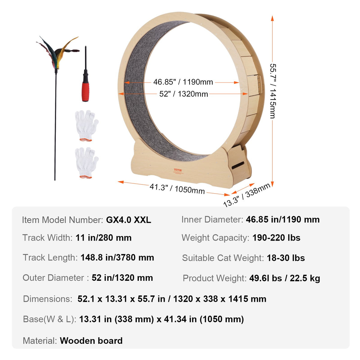 VEVOR kassi jooksuratas 132 cm, puidust, vaikne, kõigis suurustes kassidele