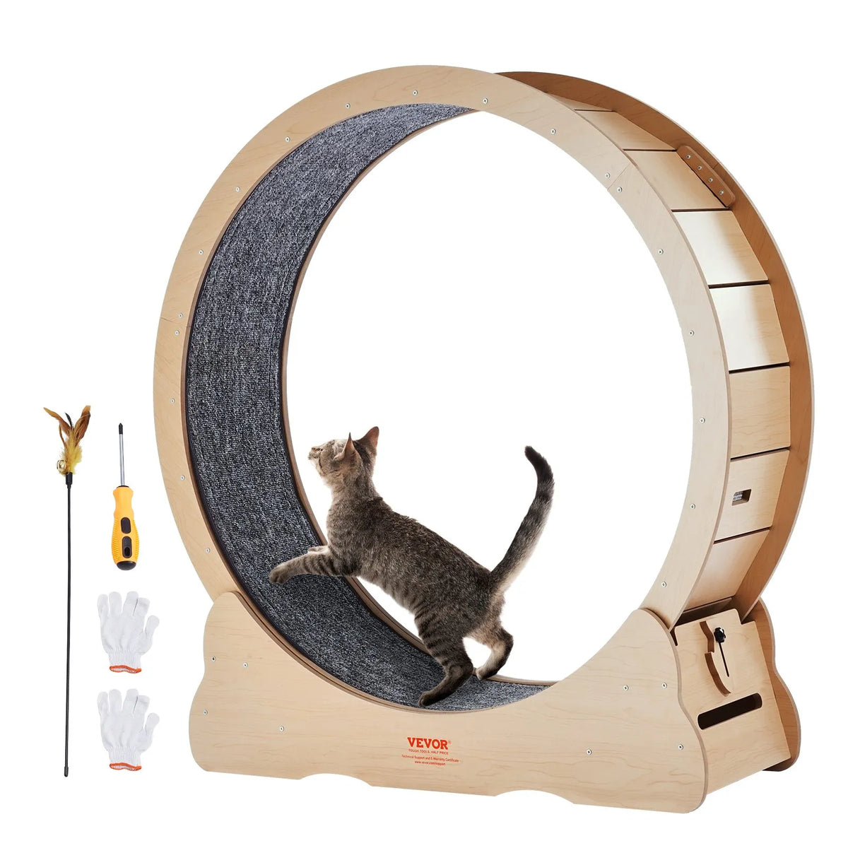 VEVOR Cat Exercise Wheel 110 cm, Wooden, with Removable Mat and Toy, Yellow