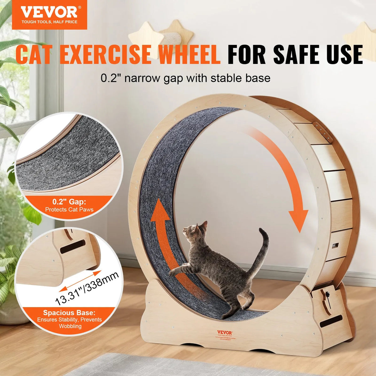 VEVOR Cat Exercise Wheel 110 cm, Wooden, with Removable Mat and Toy, Yellow