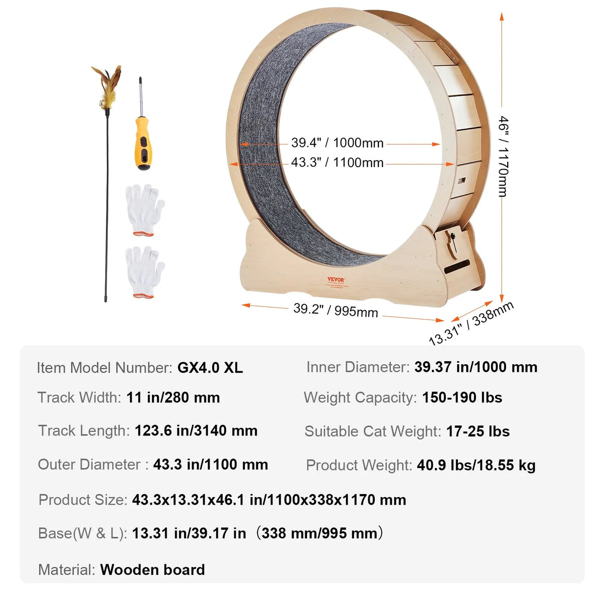 VEVOR Cat Exercise Wheel 110 cm, Wooden, with Removable Mat and Toy, Yellow