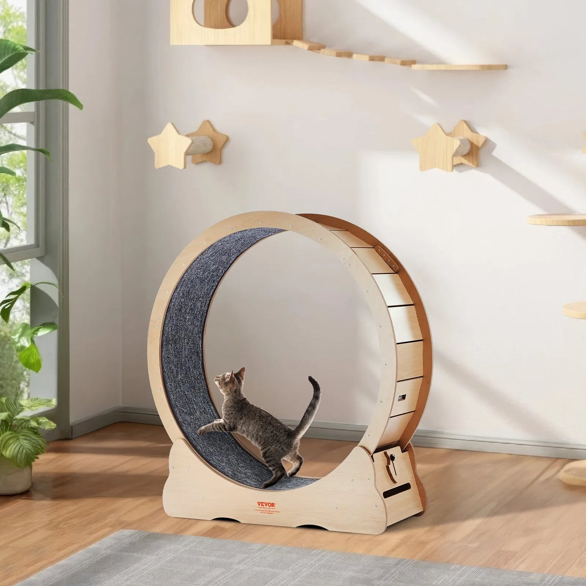 VEVOR Cat Exercise Wheel 110 cm, Wooden, with Removable Mat and Toy, Yellow