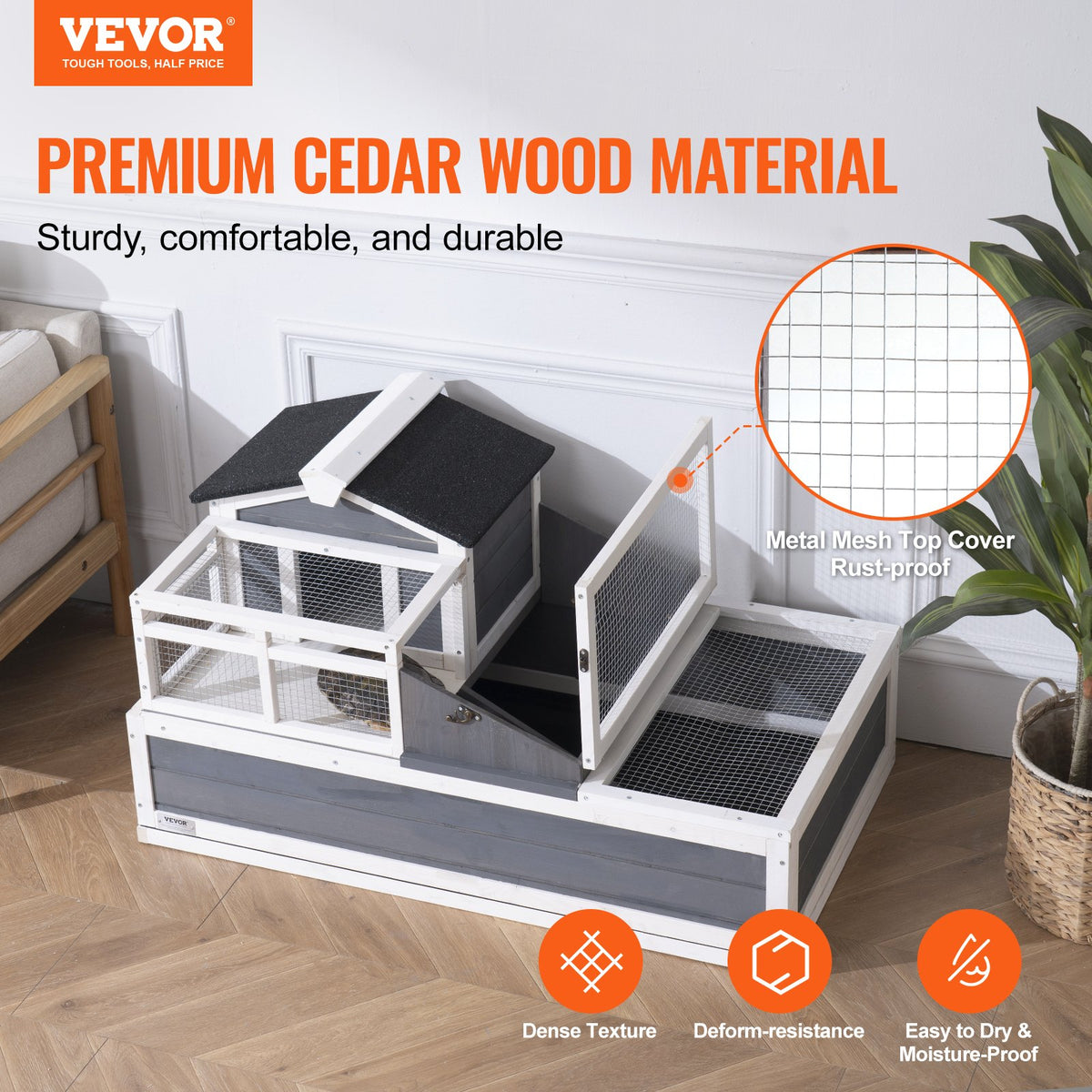 VEVOR Wooden Tortoise House with 3 Compartments, Indoor and Outdoor, 112 × 65 × 61 cm