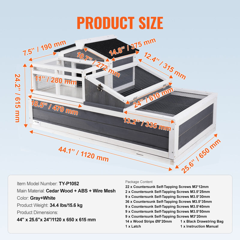VEVOR bruņurupuču māja ar 3 nodalījumiem, koka, iekštelpām un ārtelpām, 112×65×61 cm