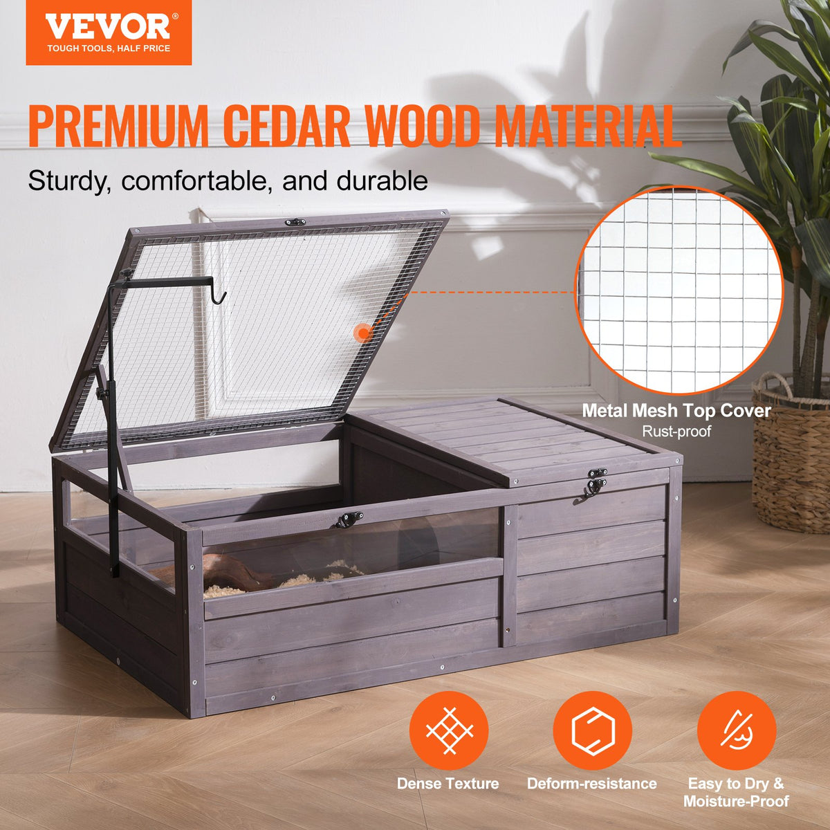 VEVOR koka bruņurupuču māja ar 2 nodalījumiem un atveramu jumtu, 96 × 61 × 33 cm